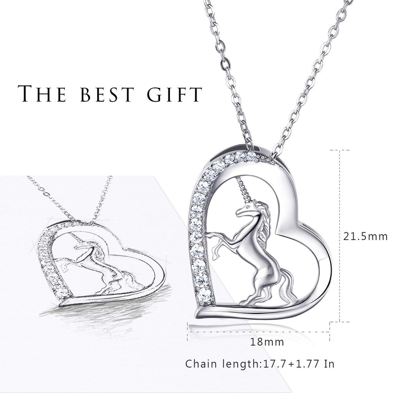 [Australia] - Women 925 Sterling Silver Love Heart Unicorn Pendant Necklace - Van Chloe CZ Diamond White Gold Plated Necklace Jewelry Gift for Women Girls 17.7''+1.77'' 