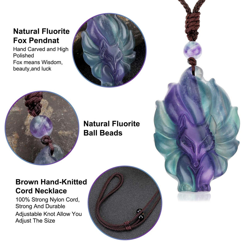 [Australia] - Top Plaza Womens Reiki Healing Crystal Ice Obsidian Gemstone Necklaces Adjustable Lucky Fox Amulet Protection Pendant Necklace Fox Jewelry Fluorite 