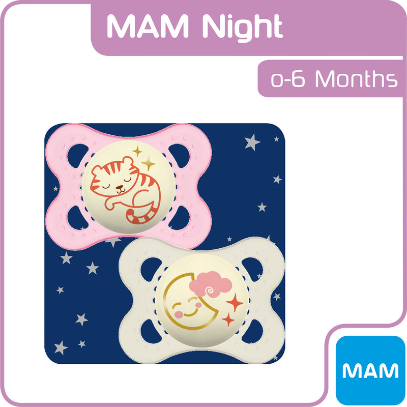 [Australia] - MAM Night Soothers 0-6 Months (Pack of 2), Glow in the Dark Baby Soothers with Self Sterilising Travel Case, Newborn Essentials, Pink/White, (Designs May Vary) 
