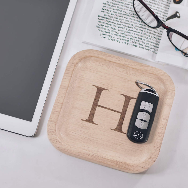 [Australia] - Solid Wood Personalized Initial Letter Jewelry Display Tray Decorative Trinket Dish Gifts For Rings Earrings Necklaces Bracelet Watch Holder (6"x6" Sq Natural "H") ุ6"x6" Sq Natural "H" 