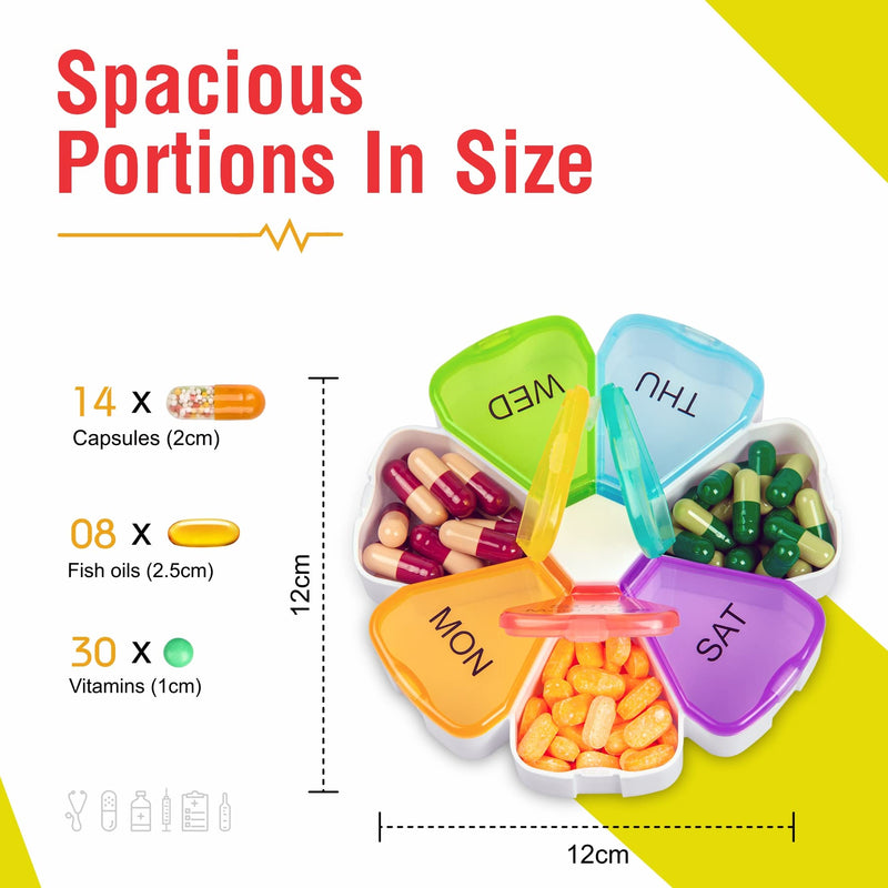 [Australia] - Portable Weekly Pill Box Organiser | Easy to Open 7 Day Premium Quality Tablet Box | Travel Pill Case with Snap Shut Lids Design |Tablet Organiser for Vitamins, Supplements & Medicine (Flower) Flower Design Circular 