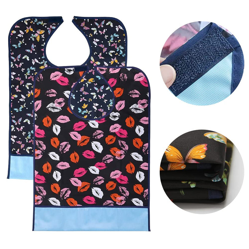 [Australia] - Adult Bibs for Elderly Washable, 2 Pack Butterfly Lip Reusable Waterproof Eldly Bib with Crumb Catcher Disability Bibs for Adults for Women Men 