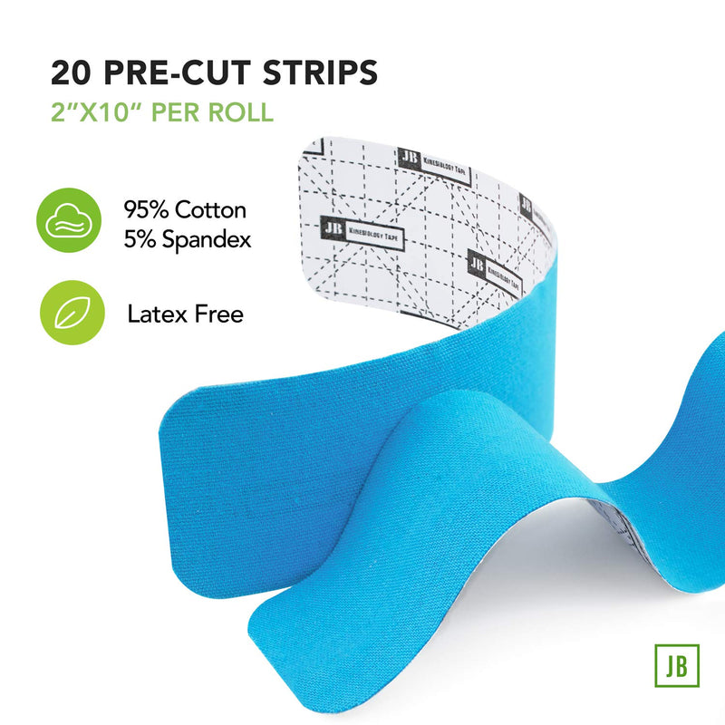 [Australia] - JB Kinesiology Tape PreCut Rolls - (4 Pack / 80 Elastic I- Strips 2 Inch X 10 Inch) Water Resistant, Latex Free Athletic Tape for Joint & Muscle Pain, Recovery & Support. Bonus Scissors (Blue) Blue 