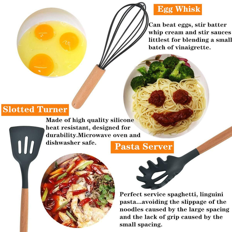 [Australia] - Cozywind Cooking Utensils Set with Holder Silicone Kitchen Utensils Set,12 pcs Wooden Handles, Kitchen Spatula Set Non-Stick 