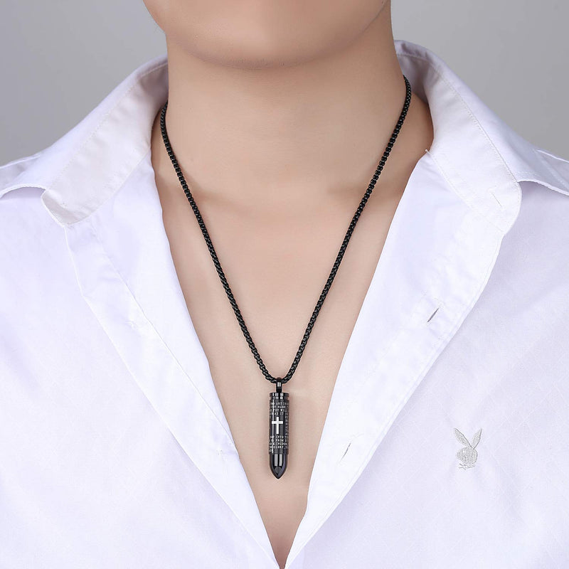 [Australia] - MONIYA Stainless Steel Bullet Pendant Urn Ashes Necklace Cross Lords Prayer in English, 22inch Box Chain Black Tone 