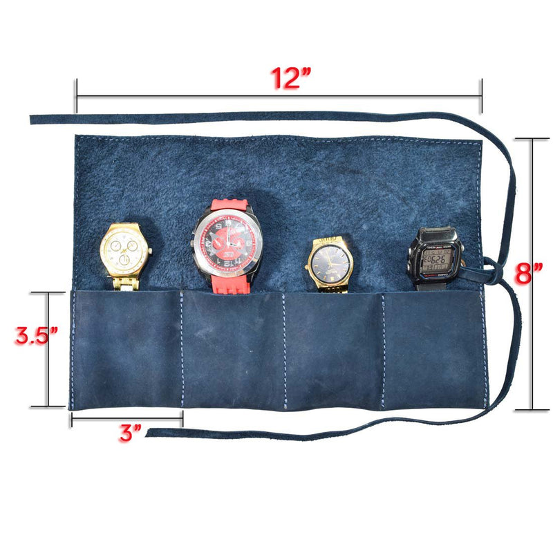 [Australia] - Hide & Drink, Durable Leather Travel Watch Roll Organizer Holds Up To 4 Watches, Handmade Includes 101 Year Warranty :: Blue Suede 