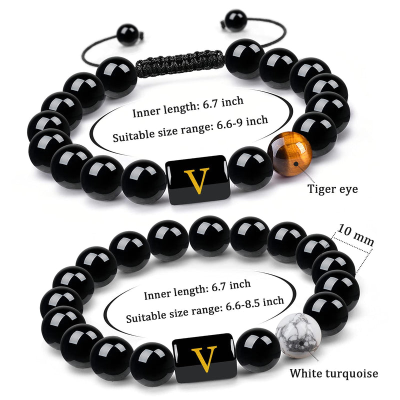 [Australia] - RIOSO 2Pcs Letter Initial Bracelet for Men Women Natural Onyx Tiger Eye Letter Bead Bracelets Personalized Stone Beads Braided Rope Initial Bracelet Adjustable A 