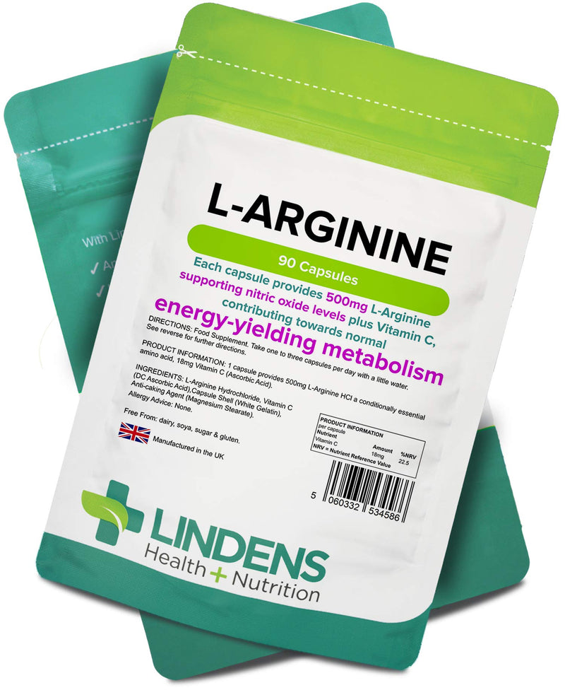 [Australia] - Lindens L-Arginine 500mg Capsules - 90 Pack - an Amino Acid Supplement in an Easy to Swallow, Rapid Release Capsule - UK Manufacturer, Letterbox Friendly 