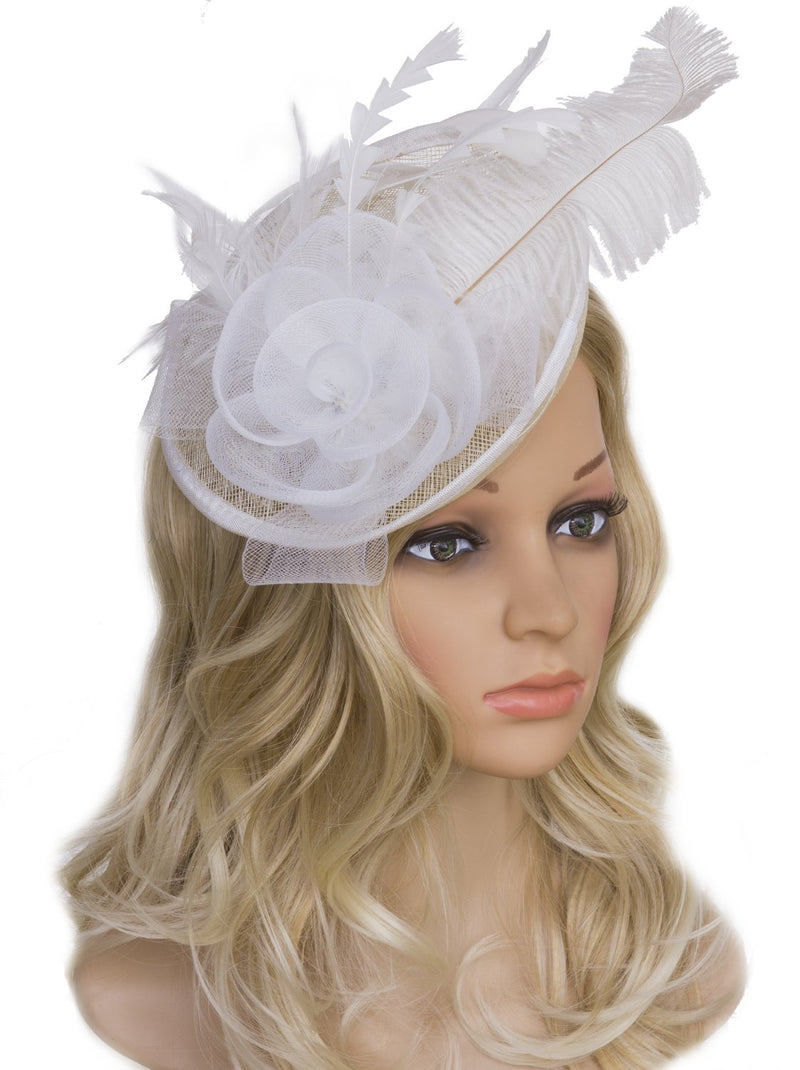 [Australia] - VIJIV Women Vintage Derby Fascinator Hat Pillbox Headband Feather Cocktail Tea Party One Size White 