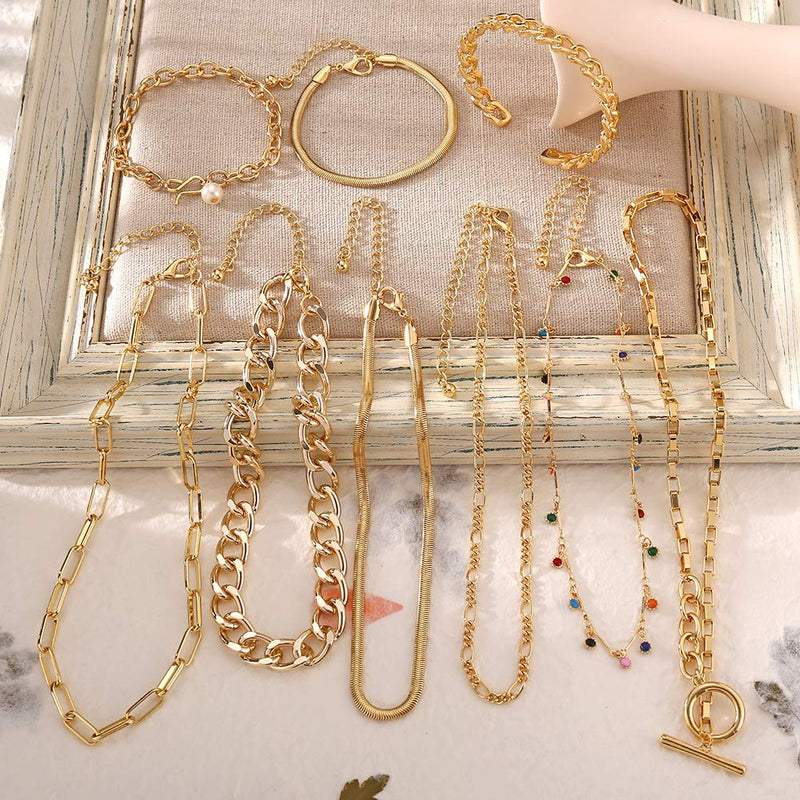 [Australia] - 17 MILE Gold Chain Necklace and Bracelet Sets for Women Girls Dainty Link Paperclip Choker Jewelry 