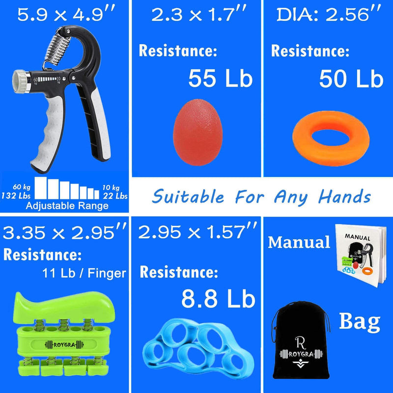 [Australia] - roygra Grip Strength Trainer, Forearm Workout, Hand & Finger Exerciser - 5 Pack 
