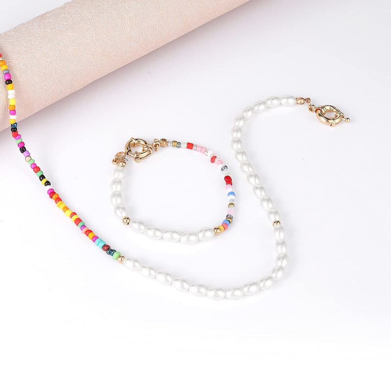 [Australia] - Bohemian Pearl Beaded Choker Necklace Bracelet Set for Women Handmade Colorful Summer Seed Bead Pearl Necklace Bracelet Set Sandy Beach Bracelet Necklace Gold-Tone 