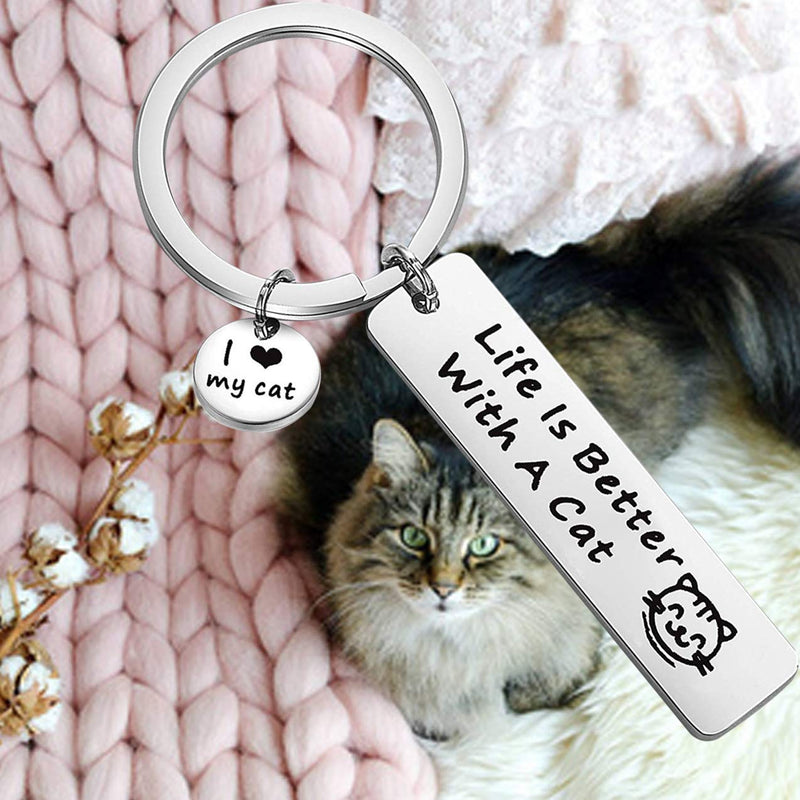 [Australia] - FEELMEM Life is Better with A Cat Keychain Cat Memes Gift Cute Cat Keychain Gift for Cat Lovers, Mom, Dad, Co-Worker, Friends silver 