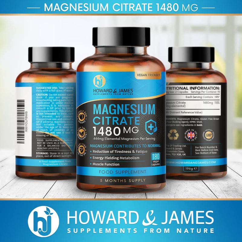 [Australia] - Magnesium Citrate 1480mg - 180 Vegan Capsules not Magnesium Tablets - Providing 444mg Elemental Magnesium - 3 Month Supply - High Strength Magnesium Supplements - Made in The UK by Howard & James 
