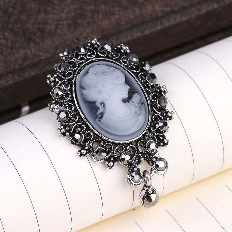 [Australia] - lureme Vintage Elegant Victorian Lady Beauty Cameo with Crystal Brooch Pin (br000017-2) Antique Silver 