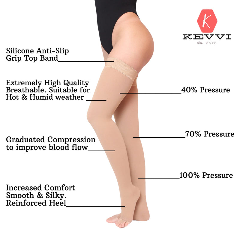 [Australia] - KEVVI (S to 5XL) -Thigh High Compression Stockings Women & Men 20-30 mmHg,Ted Hose Open Toe, Support Hose, Support Stockings Medium Beige 
