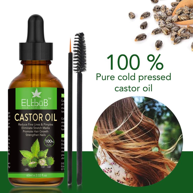 [Australia] - Castor Oil (60ml) - w/Free Lash and Brow Brushes,Pure Castor Oil for Hair,Eyelashs,Eyebrows,Skin,Hair Growth and Face, Birthday Gifts for Women Men Mum Wife Her 