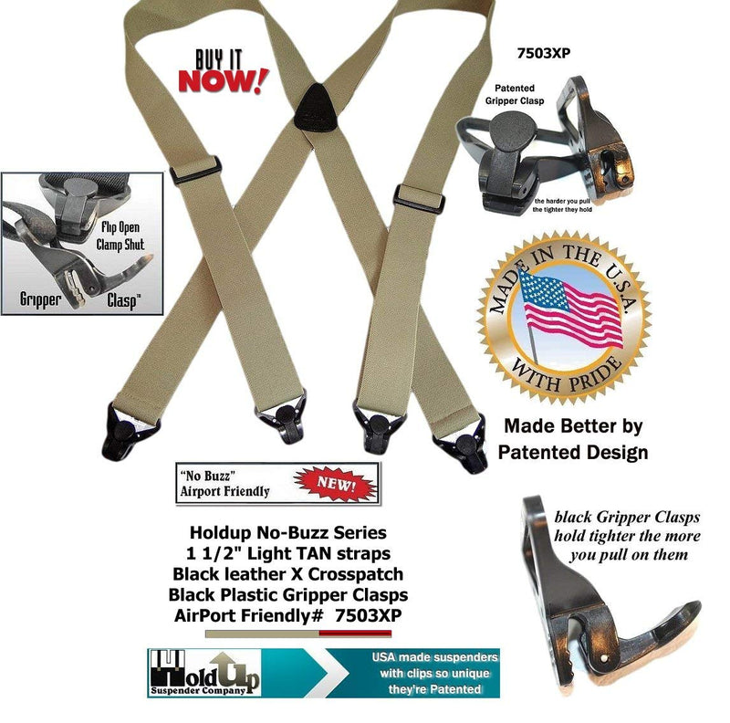 [Australia] - Holdup Suspender Brand No-buzz Series Airport Friendly light TAN Suspenders with black leather X-Back Crosspatch and Patented Gripper Clasps 