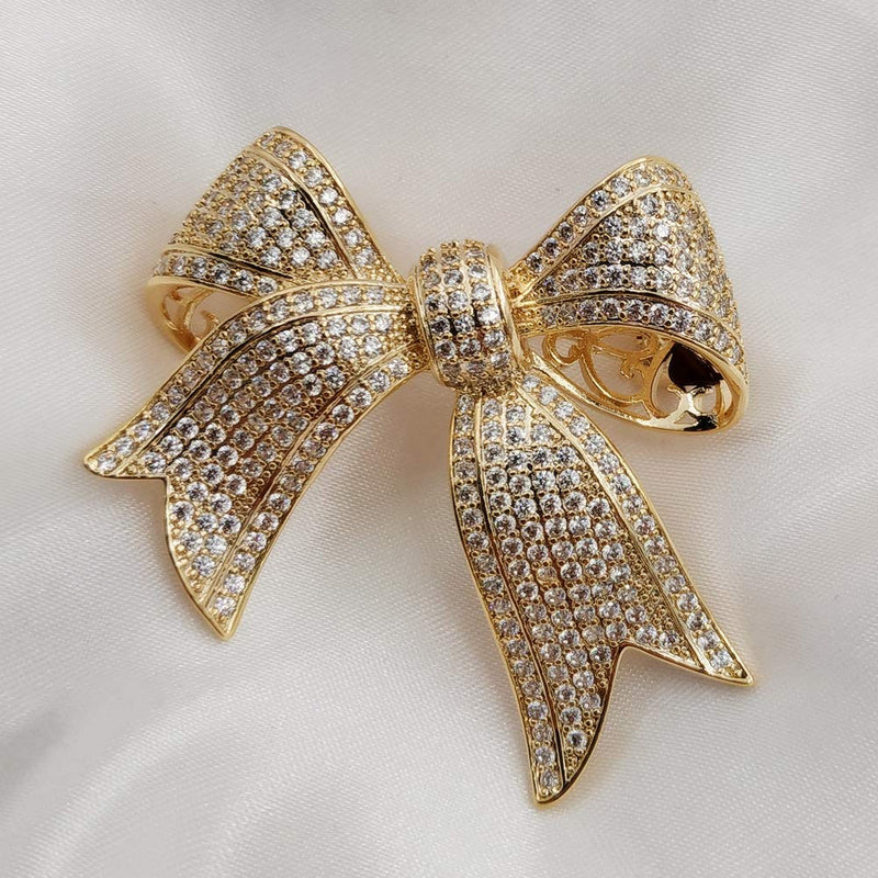 [Australia] - DREAMLANDSALES Victorian Vintage Gold Tone Full Micro Pave Ribbon Bow Brooches Pins Women Accessory 