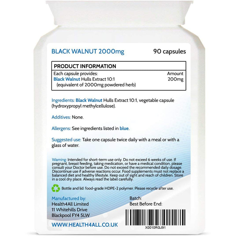 [Australia] - Black Walnut Hulls 2000mg 90 Capsules (V) . (not Tablets) Purest Strongest Black Walnut Capsules. Vegan. Made in The UK by Health4All 90 Count (Pack of 1) 
