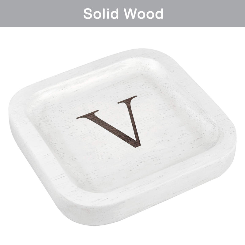[Australia] - Solid Wood Personalized Initial Letter Jewelry Display Tray Decorative Trinket Dish Gifts For Rings Earrings Necklaces Bracelet Watch Holder (6"x6" Sq White "V") 6"x6" Sq White "V" 