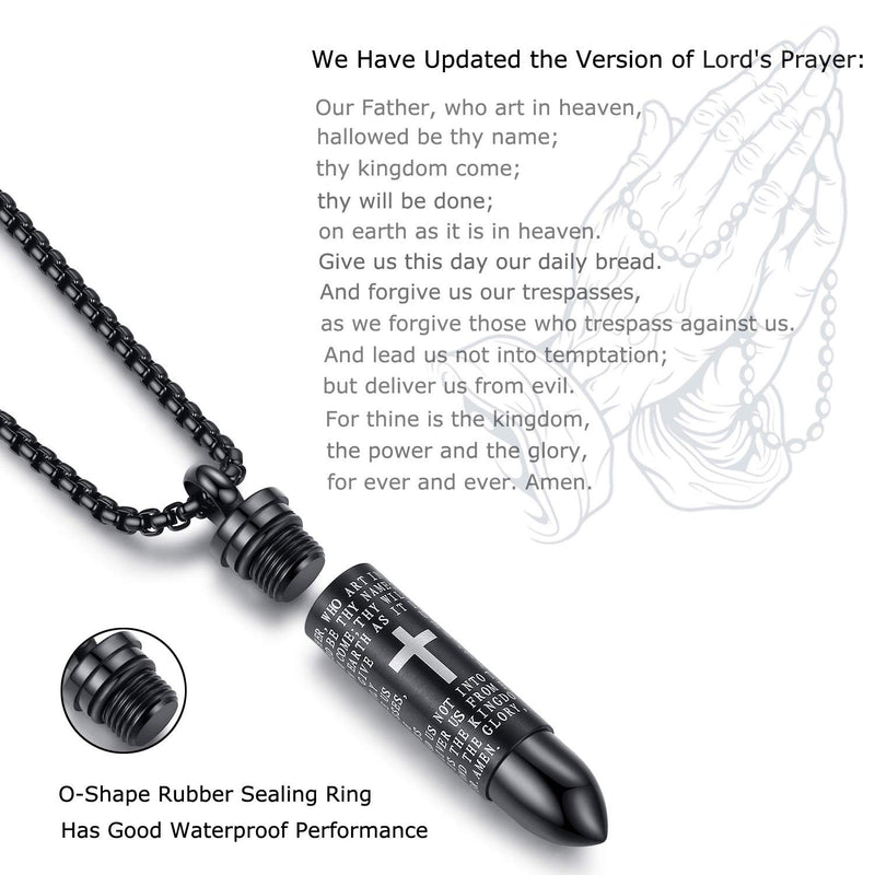 [Australia] - MONIYA Stainless Steel Bullet Pendant Urn Ashes Necklace Cross Lords Prayer in English, 22inch Box Chain Black Tone 