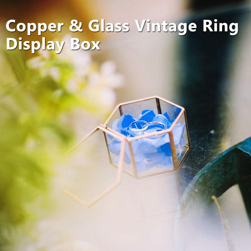 [Australia] - HighFree Copper Glass Vintage Ring Box, Hexagon Golden Geometric Jewelry Organizer, Bracelet Ring Display Small Box for Storage Trinket, Ring, Earring, 3.15x2.7x1.85 inch Small - 3.15x2.7x1.85 inch 