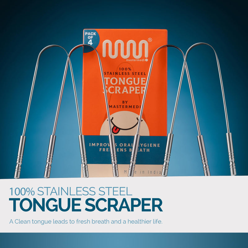 [Australia] - MasterMedi 100% Stainless Steel Tongue Scraper - 4 Pack, Fights Bad Breath, Great for Oral Care, Medical Grade Tongue Cleaner for Adults and Kids, Easy to Use with Non-Synthetic Handle 4 Count (Pack of 1) 