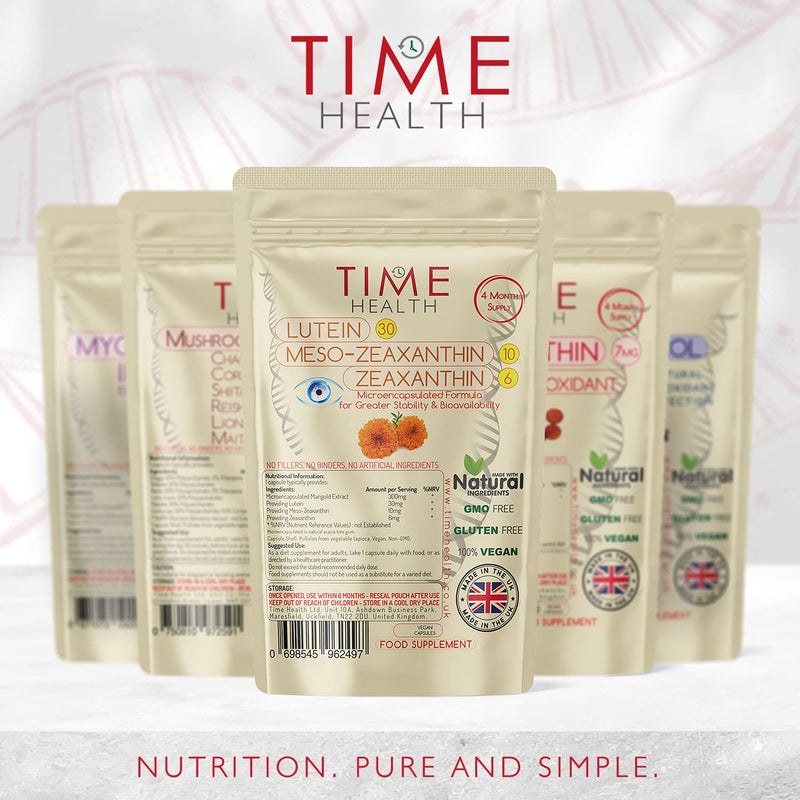 [Australia] - Micro-encapsulated Formula - Lutein 30mg - Meso-zeaxanthin 10mg - Zeaxanthin 6mg - 100% Pure, Natural & Highly Bioavailable - 4 Month Supply - UK Manufactured - Zero Additives - (120 Capsule Pouch) 120 Count (Pack of 1) 