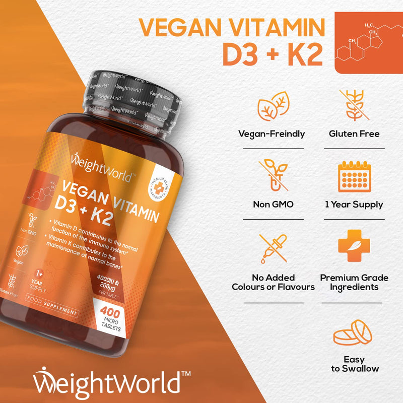 [Australia] - Vitamin D3 K2 Tablets - 4000iu Vitamin D High Strength Tablets with 200mcg K2 Vitamin (MK7) - 400 VIT D3 and K2 Tablets (1+ Year Supply) - Vegan Vitamin D K2 Supplement for Men & Women - EU Made 