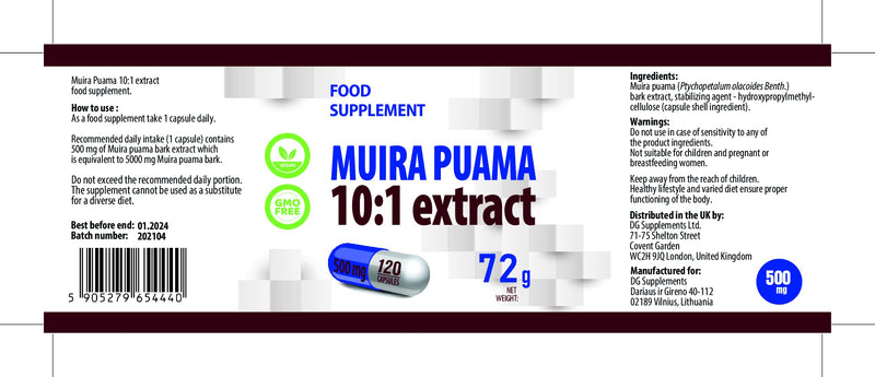 [Australia] - Hepatica Muira Puama Bark Extract 5000mg Equivalent (500mg of 10:1 Extract) 120 Vegan Capsules, 3rd Party lab Tested, High Strength Supplement, Gluten and GMO Free 