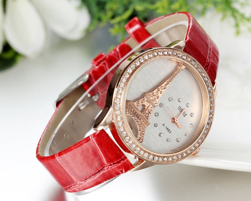 [Australia] - JewelryWe Bling Rhinestone Accented Eiffel Tower Soft Leather Watch Ladies Women Watches Red 