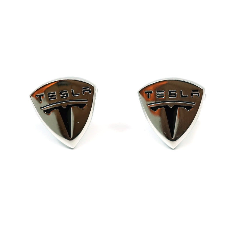 [Australia] - Teri's Boutique Tesla Logo Car Brand Silver Tone Black Point Men's Jewelry Cufflinks w/Gift Box 