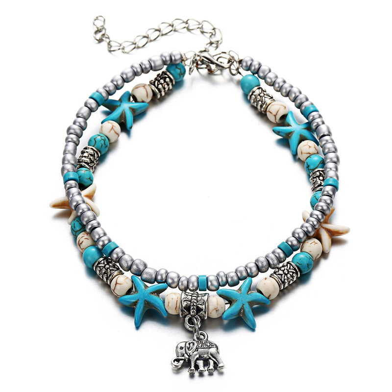 [Australia] - 3 pcs Set Simulated Turquoise Blue Starfish Multilayer Yoga Beach Anklets Bracelet Boho Foot Jewelry for Women Teen Girls Y811 Style-1 