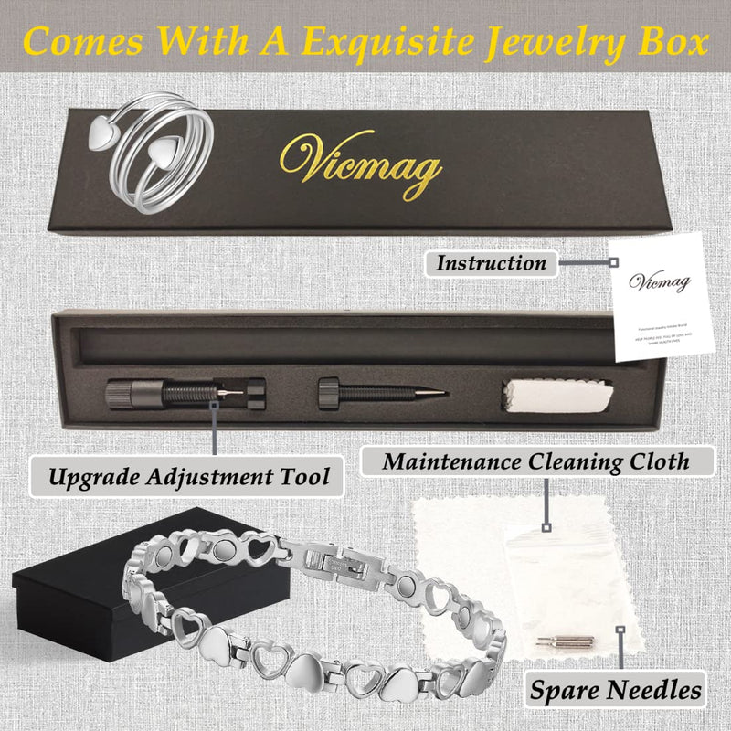 [Australia] - Vicmag Magnetic Bracelets for Women, Titanium Steel Magnet Brazaletes, 3500 Gauss Magnets Gift with Removal Tool (Love Heart Design for Ladies) Silver 