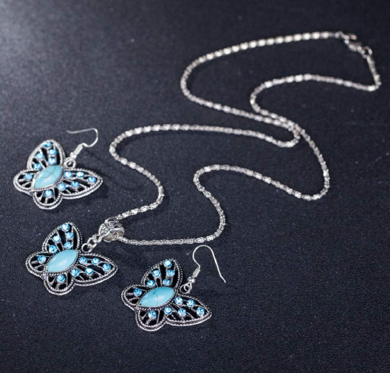 [Australia] - Cocazyw Silver Butterfly Turquoise Bracelet and Earrings for Women Girl Retro Charm Gemstone Jewelry Set Pendant Necklace and Drop Earrings for Women Girl 