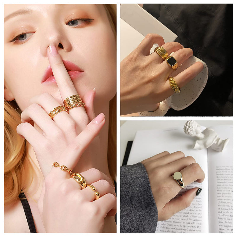 [Australia] - WFYOU 8PCS 18K Gold Plated Chunky Rings for Women Girls Thick Dome Chunky Gold Ring Set Croissant Signet Minimalist Statement Ring Jewelry Size 5-9 