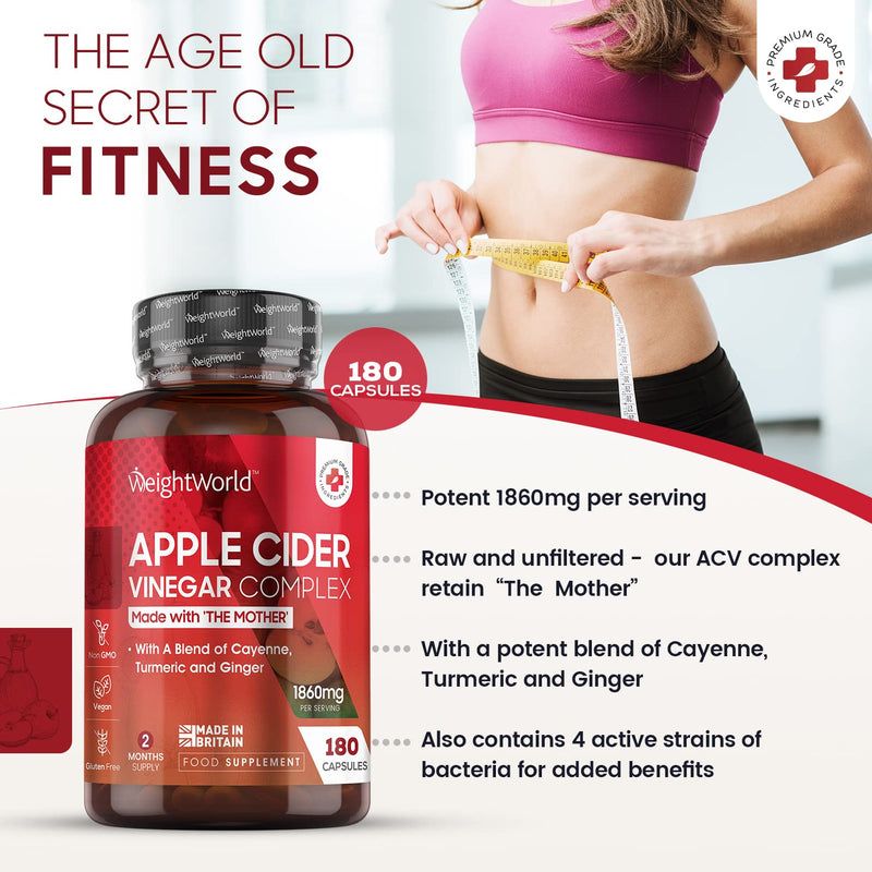 [Australia] - Apple Cider Vinegar with Mother - 180 ACV Complex Capsules - 1860mg High Strength Apple Cider Vinegar, Turmeric, Ginger, & Pepper Supplement with Vegan Live Cultures - Made in The UK 