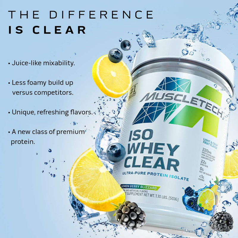 [Australia] - Whey Protein Powder | MuscleTech Clear Whey Protein Isolate | Whey Isolate Protein Powder for Women & Men | Clear Protein Drink | 22g of Protein, 90 Calories | Lemon Berry Blizzard, 1.1lb(19 Servings) 