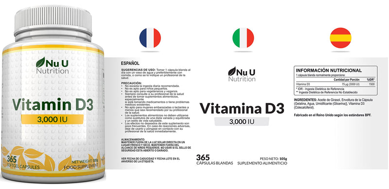 [Australia] - Vitamin D 3000 IU 365 Softgels (Full Year Supply) | Triple Strength Vitamin D3 Supplement | High Absorption Cholecalciferol | Gluten & Dairy Free by Nu U Nutrition 