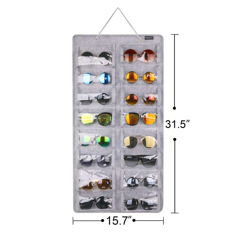 [Australia] - AROUY Sunglasses Organizer Storage, Hanging Dust Proof Wall Pocket Glasses Organizer - 16 Felt Slots Sunglass Organizer Holder with Metal Hook and Sturdy Rope (Gray, Dust Proof) Gray, Dust Proof 