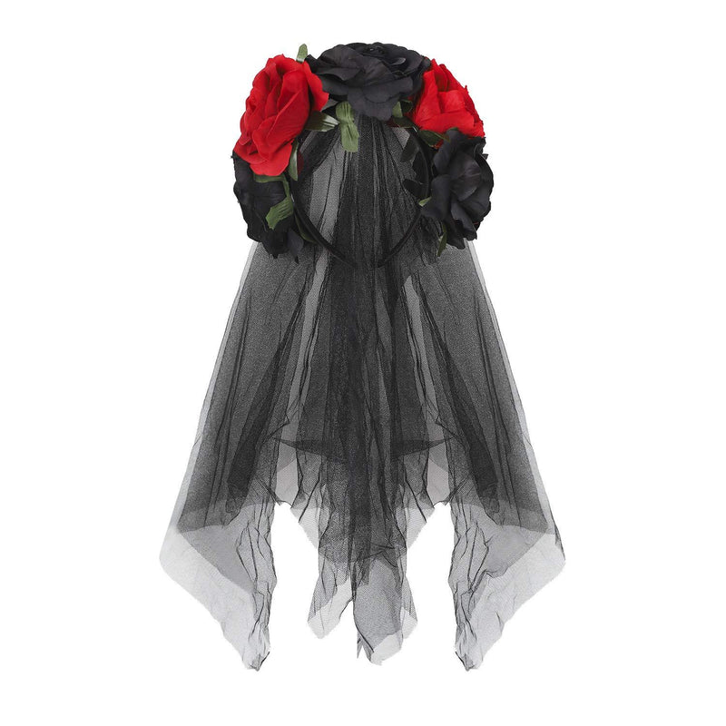 [Australia] - Halloween Gothic Flower Garland Cosplay Day Of The Dead Headpiece Hair Wreath with Short Black Veil Costume Accessory for Women Ladies Red&Black 