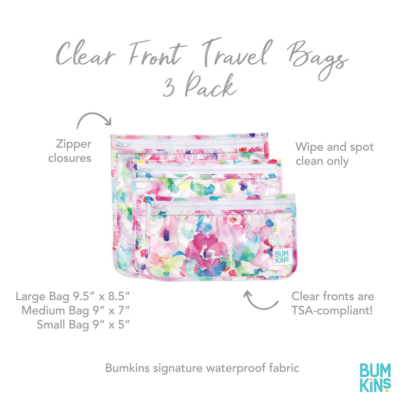 [Australia] - Bumkins TSA Approved Toiletry Bag, Travel Bag, Quart Zip Pouch, PVC-Free, Vinyl-Free, Clear Sided, Set of 3 – Watercolor 