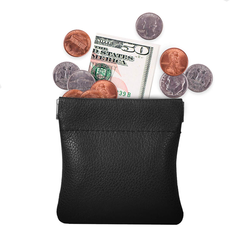 [Australia] - Nabob Leather Genuine Leather Squeeze Coin Purse, Pouch Made IN U.S.A. Change Holder For Men/Woman Size 3.5 X 3.5 Black 