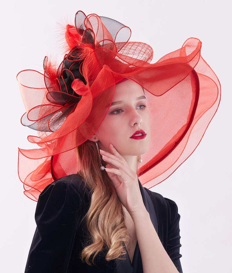 [Australia] - Z&X Women's Kentucky Derby Church Hat Organza Wide Brim Ruffle Fasciantor Hats for Wedding Tea Party with Clip, Dual-use 02d Red and Black 