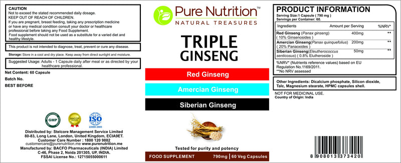 [Australia] - Pure Nutrition Triple Ginseng - an Unique and Effective Combination of Red Ginseng, American Ginseng and Siberian Ginseng. 790mg per Capsule | 60 Veg Caps Pack 60 Count (Pack of 1) 