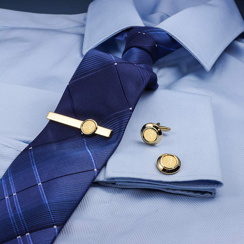 [Australia] - HAWSON 2 inch Tie Clips and Cufflinks Sets for Men A-Z Gold Engraved Letter Cufflinks and Tie Clips Sets for Formal Business Wedding A(2 Cufflink + Tie Clip) 