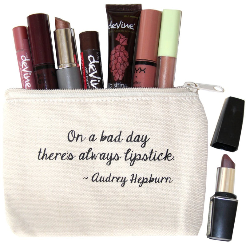 [Australia] - Jules Small Natural Canvas Makeup Bag With Zipper Closure"On A Bad Day There's Always Lipstick" ~ Audrey Hepburn 