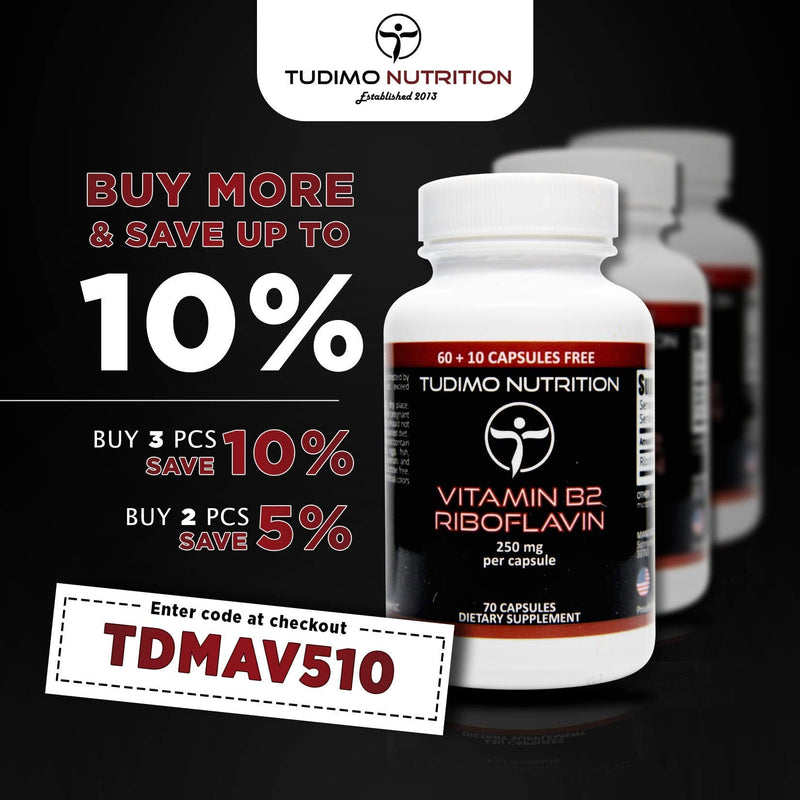 [Australia] - Vitamin B2 Riboflavin 250 mg Capsules - 70 pcs (2+ Month Supply) of Rapidly Disintegrating Capsules, Each with 250mg of Premium Quality & Pure Riboflavin Powder, by TUDIMO 