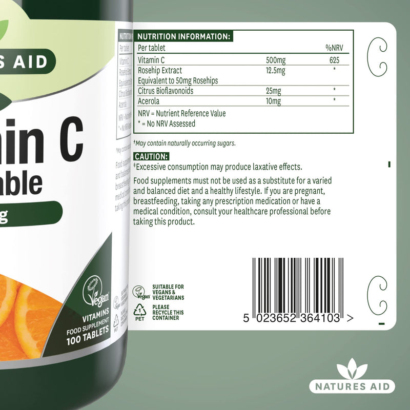 [Australia] - Natures Aid Chewable Vitamin C 500 mg, Sugar Free, Suitable for Vegans, 100 Tablets 